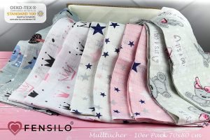 Baby Mulltücher; Mullwindeln; Spucktücher; fensilo; mulltücher baby; mulltücher baby mädchen; spucktücher baby; spucktücher baby mädchen; spucktuch junge; Fensilo baby; Fensilo baby blanket; blanket; baby blanket; newborn; object; knitted; top view; Fensilo.com; white blanket; white; background; beautiful; indoors; sheet; cover; fabric; wash; cushion; bed; polyester; satin; protection; swaddle blanket; comfortable; cotton; hypoallergenic; cute; design; washable; warm; comfy; care; soft; bedroom; set; size; crib; baby crib; outdoor; playground; vacation; park; sleep; colorful; breathable; layers; 2 layers; premium; materials; premium materials; high-quality; quality; unisex; 10 set blankets; rosa; pink; grau; gray; white; pack; pack of 10; teddybear; crown; stars; deer; forest animals; cute animals;