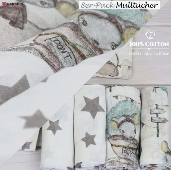 Baby Mulltücher; Mullwindeln; Spucktücher; fensilo; mulltücher baby; mulltücher baby mädchen; spucktücher baby; spucktücher baby mädchen; spucktuch junge; Fensilo baby; Fensilo baby blanket; blanket; baby blanket; newborn; object; knitted; top view; Fensilo.com; white blanket; white; background; beautiful; indoors; sheet; cover; fabric; wash; cushion; bed; polyester; satin; protection; swaddle blanket; comfortable; cotton; hypoallergenic; cute; design; washable; warm; comfy; care; soft; bedroom; set; size; crib; baby crib; outdoor; playground; vacation; park; sleep; colorful; breathable; layers; 2 layers; premium; materials; premium materials; high-quality; quality; unisex; 8 set blankets; mouse; stars; cute mouse; little mouse; gray stars;