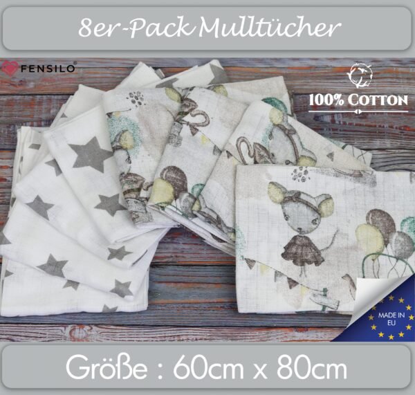 Baby Mulltücher; Mullwindeln; Spucktücher; fensilo; mulltücher baby; mulltücher baby mädchen; spucktücher baby; spucktücher baby mädchen; spucktuch junge; Fensilo baby; Fensilo baby blanket; blanket; baby blanket; newborn; object; knitted; top view; Fensilo.com; white blanket; white; background; beautiful; indoors; sheet; cover; fabric; wash; cushion; bed; polyester; satin; protection; swaddle blanket; comfortable; cotton; hypoallergenic; cute; design; washable; warm; comfy; care; soft; bedroom; set; size; crib; baby crib; outdoor; playground; vacation; park; sleep; colorful; breathable; layers; 2 layers; premium; materials; premium materials; high-quality; quality; unisex; 8 set blankets; mouse; stars; cute mouse; little mouse; gray stars;