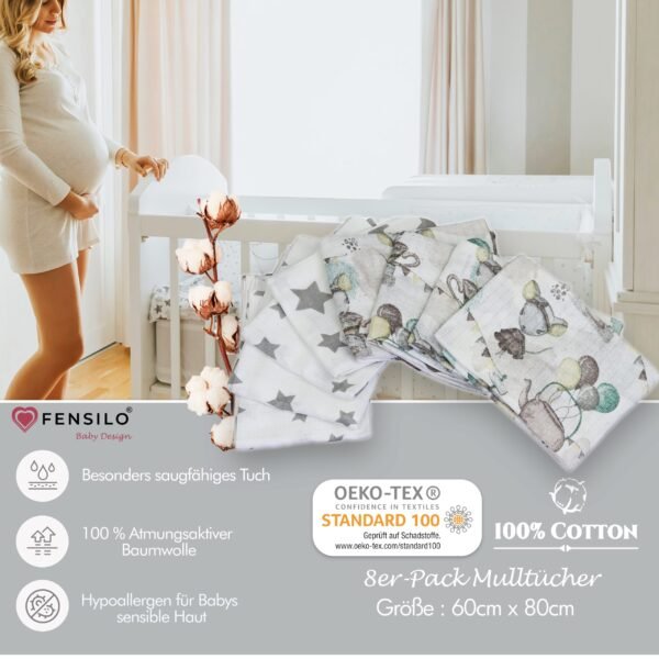 Baby Mulltücher; Mullwindeln; Spucktücher; fensilo; mulltücher baby; mulltücher baby mädchen; spucktücher baby; spucktücher baby mädchen; spucktuch junge; Fensilo baby; Fensilo baby blanket; blanket; baby blanket; newborn; object; knitted; top view; Fensilo.com; white blanket; white; background; beautiful; indoors; sheet; cover; fabric; wash; cushion; bed; polyester; satin; protection; swaddle blanket; comfortable; cotton; hypoallergenic; cute; design; washable; warm; comfy; care; soft; bedroom; set; size; crib; baby crib; outdoor; playground; vacation; park; sleep; colorful; breathable; layers; 2 layers; premium; materials; premium materials; high-quality; quality; unisex; 8 set blankets; mouse; stars; cute mouse; little mouse; gray stars;