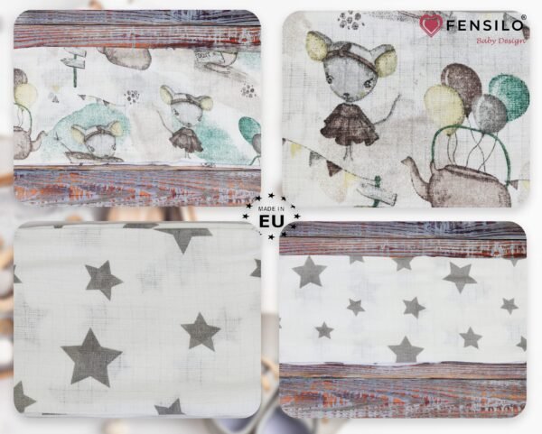 Baby Mulltücher; Mullwindeln; Spucktücher; fensilo; mulltücher baby; mulltücher baby mädchen; spucktücher baby; spucktücher baby mädchen; spucktuch junge; Fensilo baby; Fensilo baby blanket; blanket; baby blanket; newborn; object; knitted; top view; Fensilo.com; white blanket; white; background; beautiful; indoors; sheet; cover; fabric; wash; cushion; bed; polyester; satin; protection; swaddle blanket; comfortable; cotton; hypoallergenic; cute; design; washable; warm; comfy; care; soft; bedroom; set; size; crib; baby crib; outdoor; playground; vacation; park; sleep; colorful; breathable; layers; 2 layers; premium; materials; premium materials; high-quality; quality; unisex; 8 set blankets; mouse; stars; cute mouse; little mouse; gray stars;