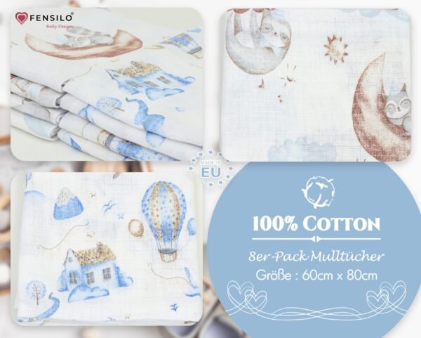 Baby Mulltücher; Mullwindeln; Spucktücher; fensilo; mulltücher baby; mulltücher baby mädchen; spucktücher baby; spucktücher baby mädchen; spucktuch junge; Fensilo baby; Fensilo baby blanket; blanket; baby blanket; newborn; object; knitted; top view; Fensilo.com; white blanket; white; background; beautiful; indoors; sheet; cover; fabric; wash; cushion; bed; polyester; satin; protection; swaddle blanket; comfortable; cotton; hypoallergenic; cute; design; washable; warm; comfy; care; soft; bedroom; set; size; crib; baby crib; outdoor; playground; vacation; park; sleep; colorful; breathable; layers; 2 layers; premium; materials; premium materials; high-quality; quality; unisex; 8 set blankets; white cloth; racoon; blue clouds; house; giraffe; elephant; mountains; air balloon; adorable animals; cute animals; jungle animals;