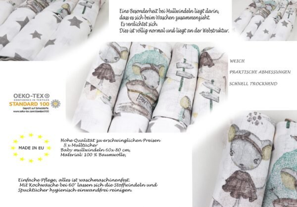 Baby Mulltücher; Mullwindeln; Spucktücher; fensilo; mulltücher baby; mulltücher baby mädchen; spucktücher baby; spucktücher baby mädchen; spucktuch junge; Fensilo baby; Fensilo baby blanket; blanket; baby blanket; newborn; object; knitted; top view; Fensilo.com; white blanket; white; background; beautiful; indoors; sheet; cover; fabric; wash; cushion; bed; polyester; satin; protection; swaddle blanket; comfortable; cotton; hypoallergenic; cute; design; washable; warm; comfy; care; soft; bedroom; set; size; crib; baby crib; outdoor; playground; vacation; park; sleep; colorful; breathable; layers; 2 layers; premium; materials; premium materials; high-quality; quality; unisex; 8 set blankets; mouse; stars; cute mouse; little mouse; gray stars;