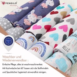 Baby Mulltücher; Mullwindeln; Spucktücher; fensilo; mulltücher baby; mulltücher baby mädchen; spucktücher baby; spucktücher baby mädchen; spucktuch junge; Fensilo baby; Fensilo baby blanket; blanket; baby blanket; newborn; object; knitted; top view; Fensilo.com; white blanket; white; background; beautiful; indoors; sheet; cover; fabric; wash; cushion; bed; polyester; satin; protection; swaddle blanket; comfortable; cotton; hypoallergenic; cute; design; washable; warm; comfy; care; soft; bedroom; set; size; crib; baby crib; outdoor; playground; vacation; park; sleep; colorful; breathable; layers; 2 layers; premium; materials; premium materials; high-quality; quality; unisex; 10 set blankets; animals; adorable animals; forest animals; cute animals; smilling animals; rabbit; rainbow; heart; stars; clouds; cute bunny; colorful hearts; white starts; colorful clouds;