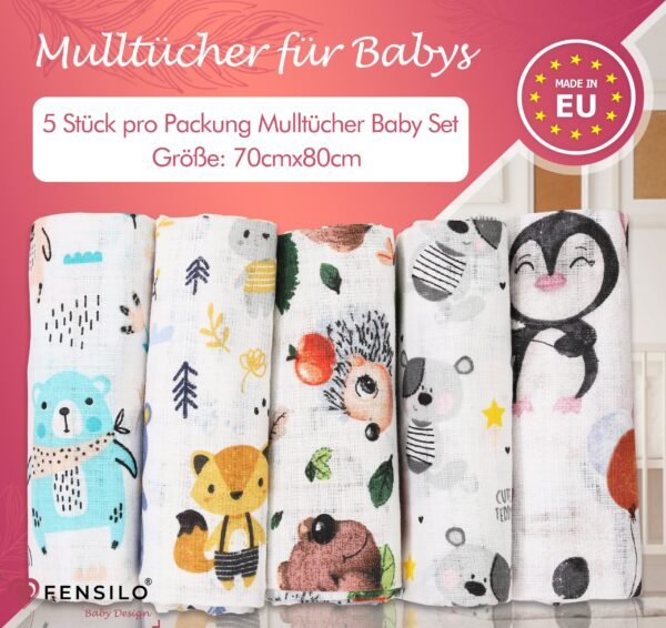 Baby Mulltücher; Mullwindeln; Spucktücher; fensilo; mulltücher baby; mulltücher baby mädchen; spucktücher baby; spucktücher baby mädchen; spucktuch junge; Fensilo baby; Fensilo baby blanket; blanket; baby blanket; newborn; object; knitted; top view; Fensilo.com; white blanket; white; background; beautiful; indoors; sheet; cover; fabric; wash; cushion; bed; polyester; satin; protection; swaddle blanket; comfortable; cotton; hypoallergenic; cute; design; washable; warm; comfy; care; soft; bedroom; set; size; crib; baby crib; outdoor; playground; vacation; park; sleep; colorful; breathable; layers; 2 layers; premium; materials; premium materials; high-quality; quality; unisex; 5 set blankets; animals; adorable animals; forest animals; cute animals; smilling animals; antartic animlas; snow; cold; bear; penguin; squirrel; rabbit; rox; tree; apple; rainbow; leaves; ballon; black; brown; flowers;