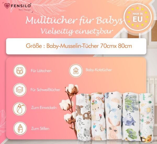 Baby Mulltücher; Mullwindeln; Spucktücher; fensilo; mulltücher baby; mulltücher baby mädchen; spucktücher baby; spucktücher baby mädchen; spucktuch junge; Fensilo baby; Fensilo baby blanket; blanket; baby blanket; newborn; object; knitted; top view; Fensilo.com; white blanket; white; background; beautiful; indoors; sheet; cover; fabric; wash; cushion; bed; polyester; satin; protection; swaddle blanket; comfortable; cotton; hypoallergenic; cute; design; washable; warm; comfy; care; soft; bedroom; set; size; crib; baby crib; outdoor; playground; vacation; park; sleep; colorful; breathable; layers; 2 layers; premium; materials; premium materials; high-quality; quality; unisex; 10 set blankets; animals; fox; rabbit; deer; racoon; rainbow; stars; flowers; adorable animals; forest animals; cute animals; smilling animals;