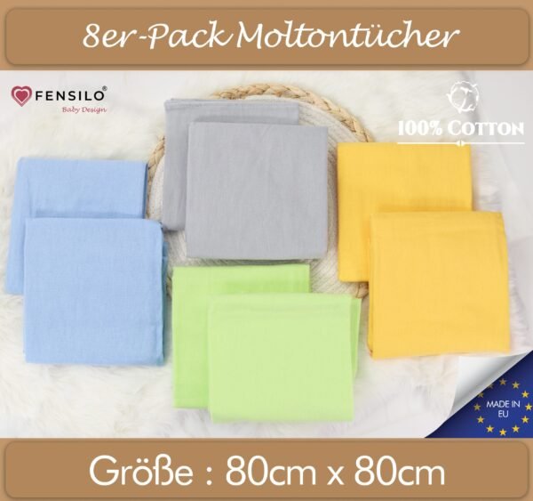 Baby Mulltücher; Mullwindeln; Spucktücher; fensilo; mulltücher baby; mulltücher baby mädchen; spucktücher baby; spucktücher baby mädchen; spucktuch junge; Fensilo baby; Fensilo baby blanket; blanket; baby blanket; newborn; object; knitted; top view; Fensilo.com; white blanket; white; background; beautiful; indoors; sheet; cover; fabric; wash; cushion; bed; polyester; satin; protection; swaddle blanket; comfortable; cotton; hypoallergenic; cute; design; washable; warm; comfy; care; soft; bedroom; set; size; crib; baby crib; outdoor; playground; vacation; park; sleep; colorful; breathable; layers; 2 layers; premium; materials; premium materials; high-quality; quality; unisex; 8 set blankets; Yellow; blue; green; colorful blankets; gray;