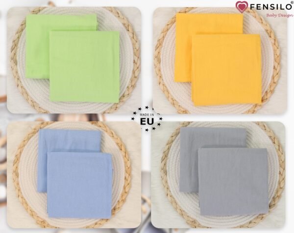 Baby Mulltücher; Mullwindeln; Spucktücher; fensilo; mulltücher baby; mulltücher baby mädchen; spucktücher baby; spucktücher baby mädchen; spucktuch junge; Fensilo baby; Fensilo baby blanket; blanket; baby blanket; newborn; object; knitted; top view; Fensilo.com; white blanket; white; background; beautiful; indoors; sheet; cover; fabric; wash; cushion; bed; polyester; satin; protection; swaddle blanket; comfortable; cotton; hypoallergenic; cute; design; washable; warm; comfy; care; soft; bedroom; set; size; crib; baby crib; outdoor; playground; vacation; park; sleep; colorful; breathable; layers; 2 layers; premium; materials; premium materials; high-quality; quality; unisex; 8 set blankets; Yellow; blue; green; colorful blankets; gray;