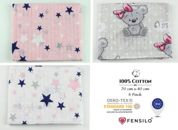 FENSILO - Mulldoeken, luiers voor meisjes, verpakking van 6 stuks, 70 x 80 cm, Made in EU, getest op schadelijke stoffen, spuugdoekenset voor meisjes, babyluiers, roze, Oeko-Tex gecertificeerd - Image 4